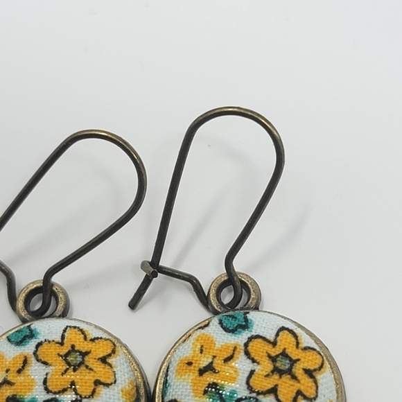 New Handmade | Yellow Floral Upcycled Fabric Button Earwire Dangle Earrings - Picture 2 of 3